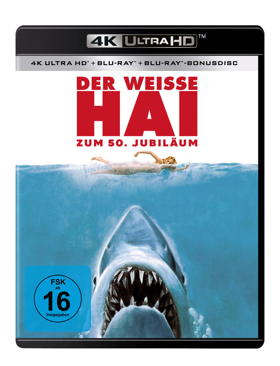 Cover des Films Der Weiße Hai. Ein Hai mit offenem Maul ist unter Wasser. Eine Schwimmerin ist auf dem Wasser. Der Titel steht oben.