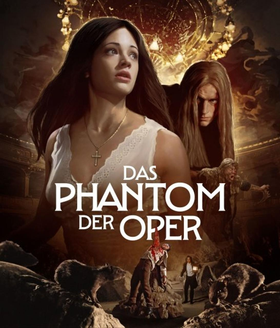 Filmposter für Das Phantom der Oper. Zeigt eine Frau, zwei Männer, Text und eine Gewaltszene. Ratten und Felsen im Vordergrund.