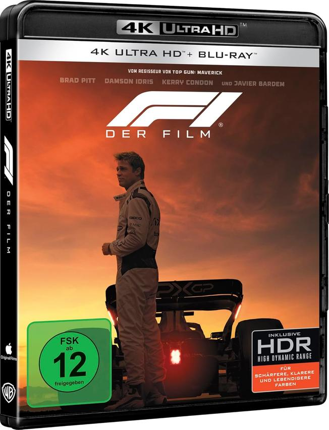 Eine DVD-Hülle mit Brad Pitt. Sie zeigt den Filmtitel 'Der Film', Details zu 4K Ultra HD und HDR sowie eine grüne FSK 12-Freigabe.