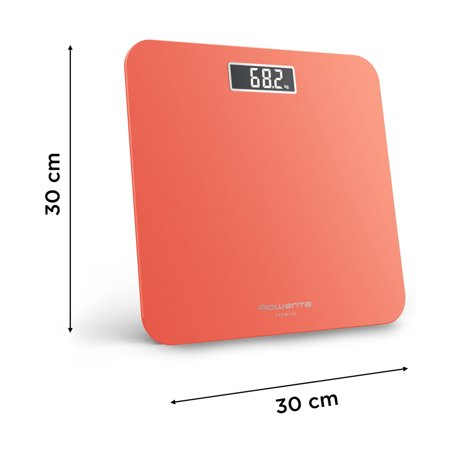 Una bilancia da bagno digitale color corallo mostra 68,2 kg. È rettangolare con angoli arrotondati. Dimensioni: 30x30cm.