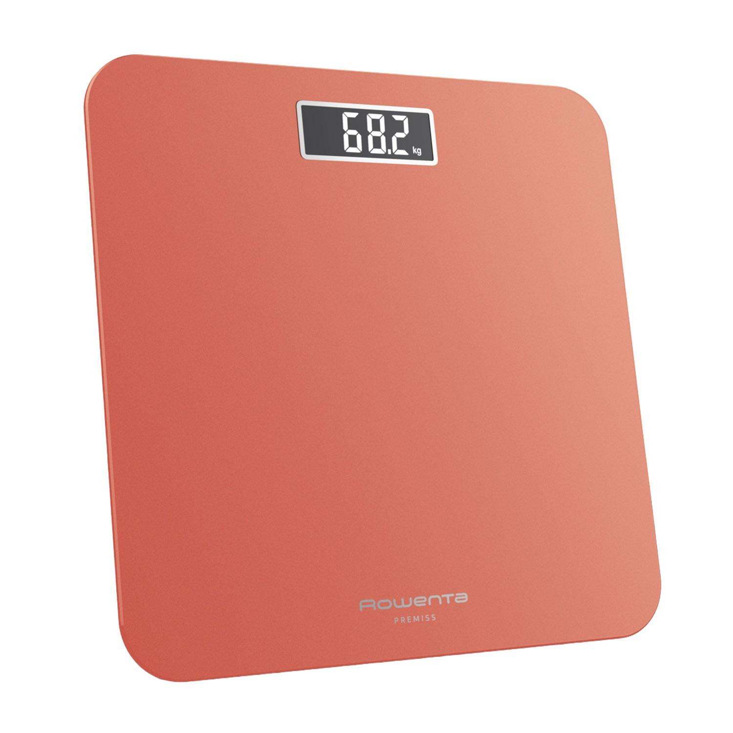 Una bilancia da bagno digitale arancione. Il display mostra 68,2 kg. Il marchio è Rowenta, con Premiss sotto. Sfondo bianco.