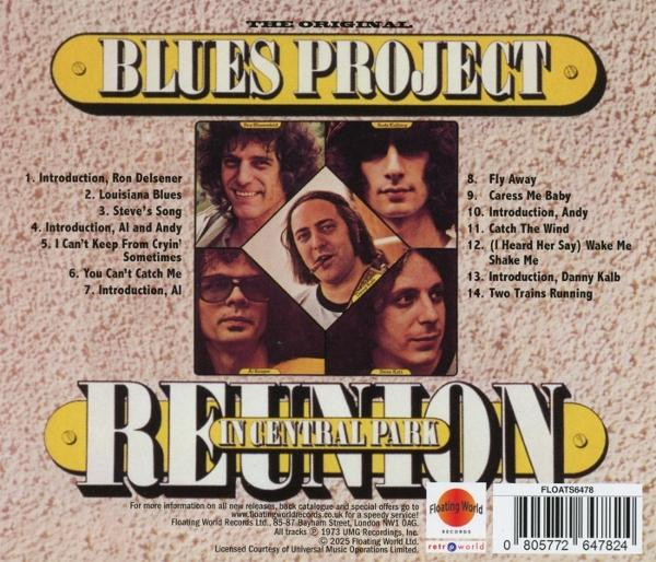 Albumcover für "The Original Blues Project: Reunion in Central Park". Enthält Bandfotos, Songliste und Albumdetails.