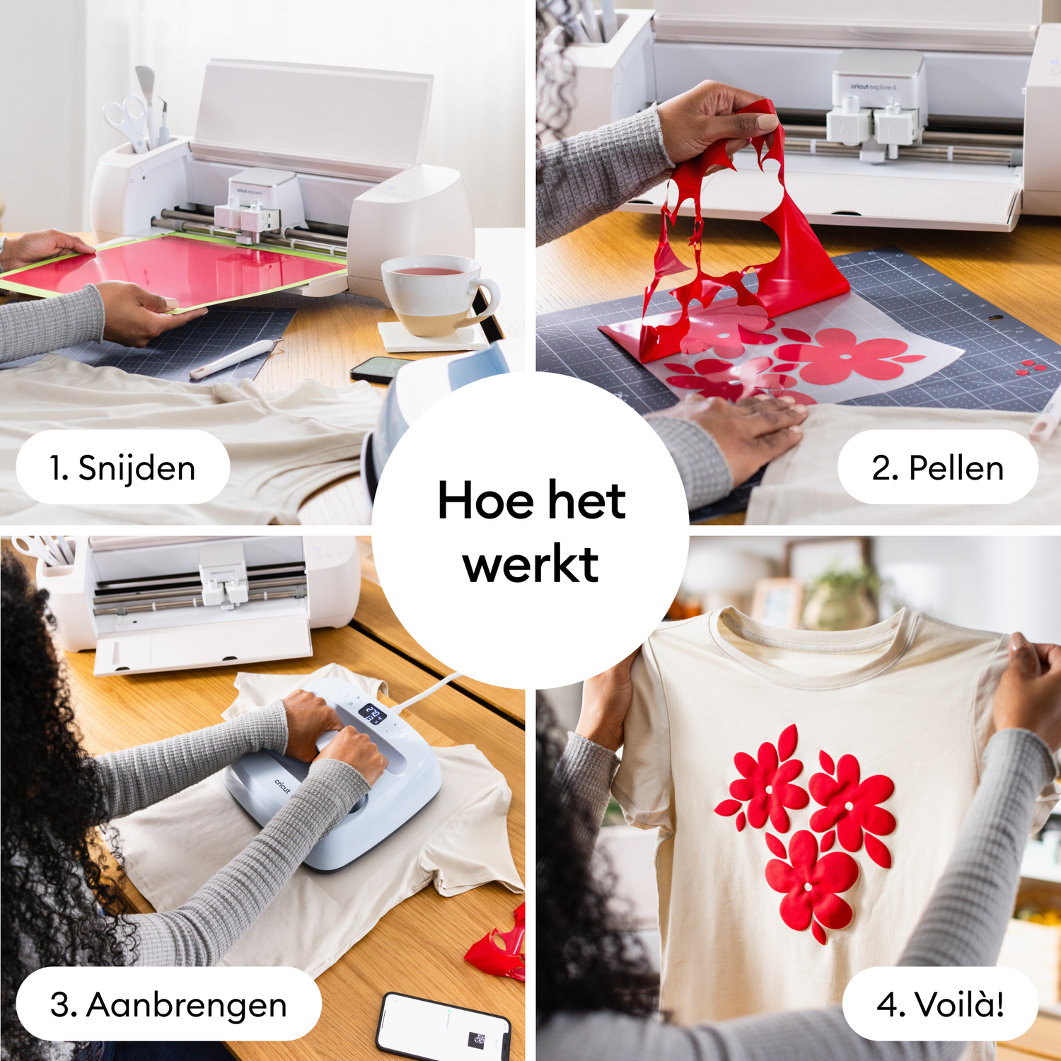 Image shows the process of crafting a design onto a shirt, using a Cricut machine for cutting, peeling, applying heat, and finally, the finished product.