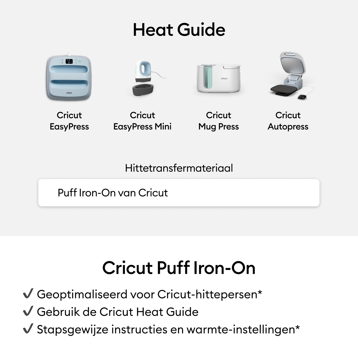 Image displays Cricut EasyPress, EasyPress Mini, Mug Press, and Autopress. Text mentions Heat Guide and Puff Iron-On.