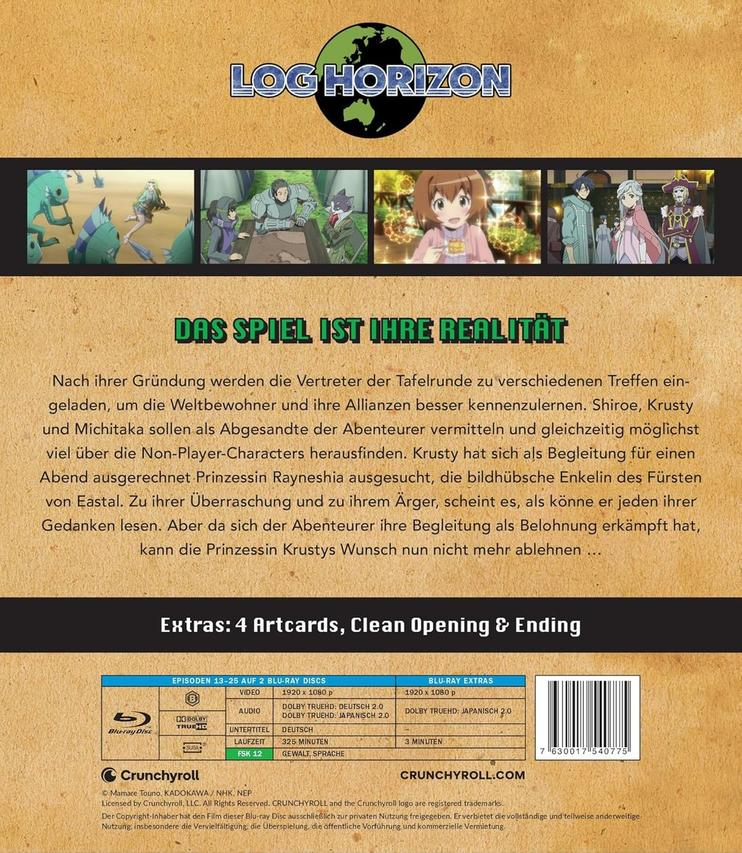 Anime-Blu-ray-Cover. Zeigt Charaktere von Log Horizon. Text auf Deutsch. Enthält Extras wie Artcards und sauberes Opening/Ending.