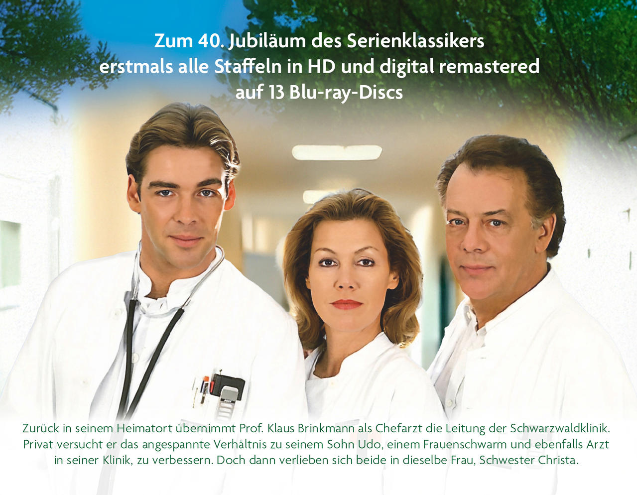 Drei Personen in weißen Kitteln, wahrscheinlich Ärzte, posieren für ein Werbebild. Deutscher Text beschreibt eine Fernsehserie und ihre Handlung.