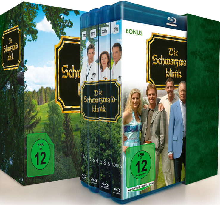 DVD-Set von 'Die Schwarzwaldklinik'. Blu-ray-Hüllen mit Schauspielern, grünem Waldbild und 'FSK ab 12' Bewertung.