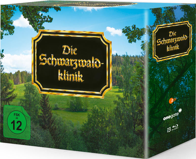 Box-Set von 'Die Schwarzwaldklinik'. Grün und gold gerahmter Text auf Schwarz. Landschaftlicher Hintergrund mit Bäumen und Hügeln. Blauer Himmel sichtbar.