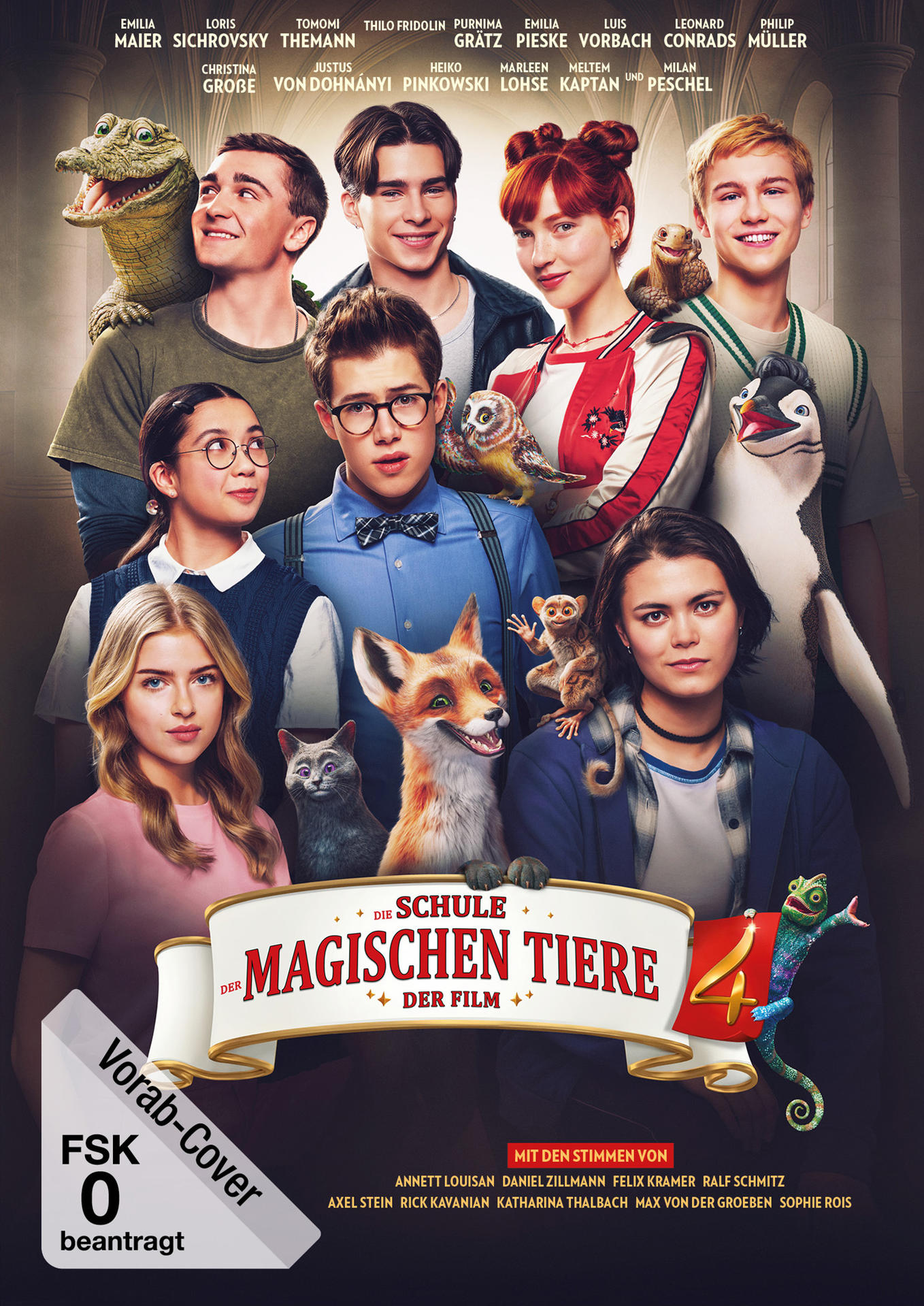 Filmplakat: Kinder und Tiere posieren vor Schlossszenerie.
