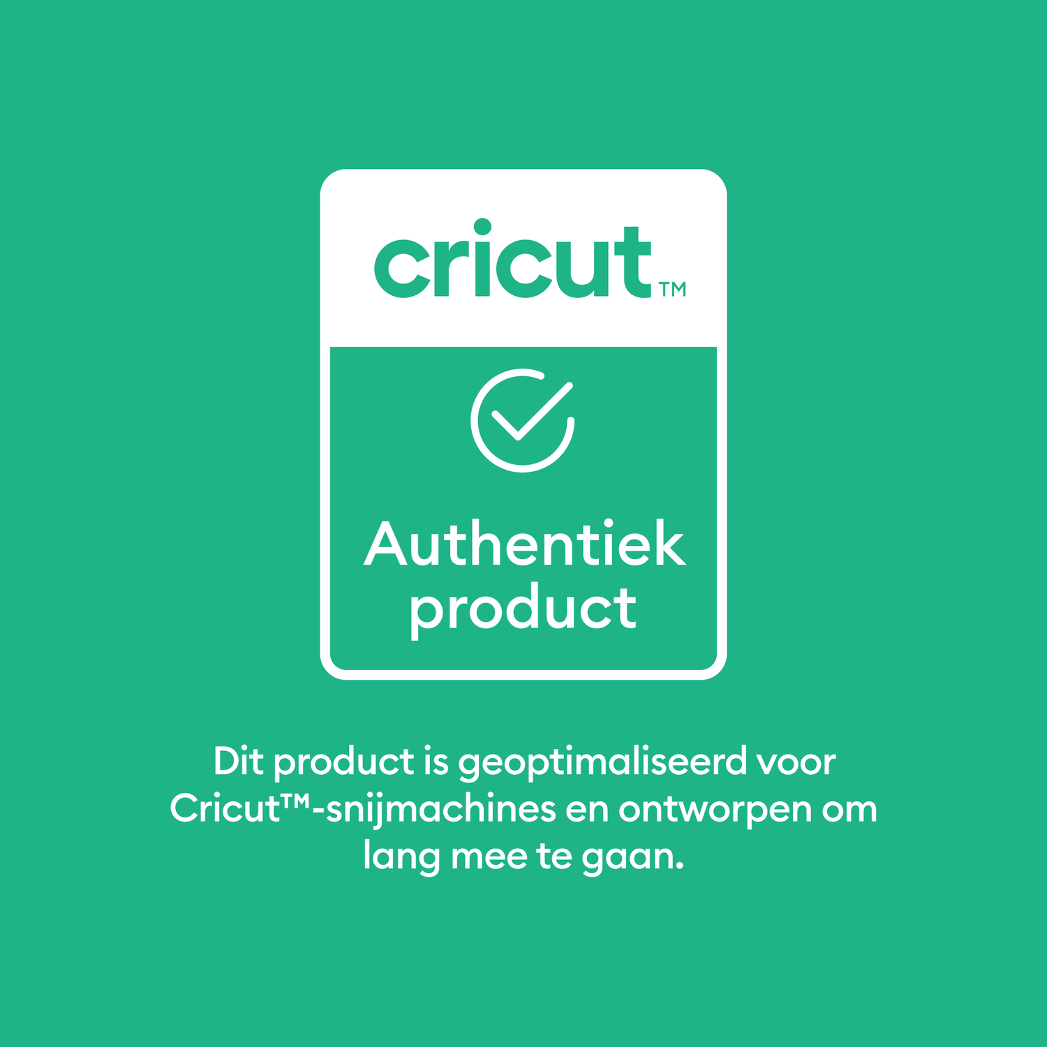 A green background with a white rectangle containing 'cricut' logo and text 'Authentiek product'. Below, text in Dutch.