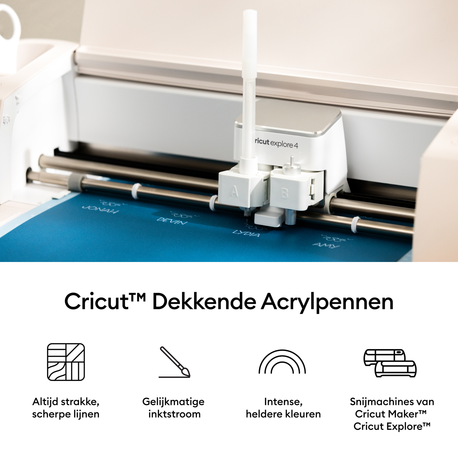 A Cricut Explore 4 machine cutting on blue paper. Names are written on the paper. The image also includes text and icons about the product.