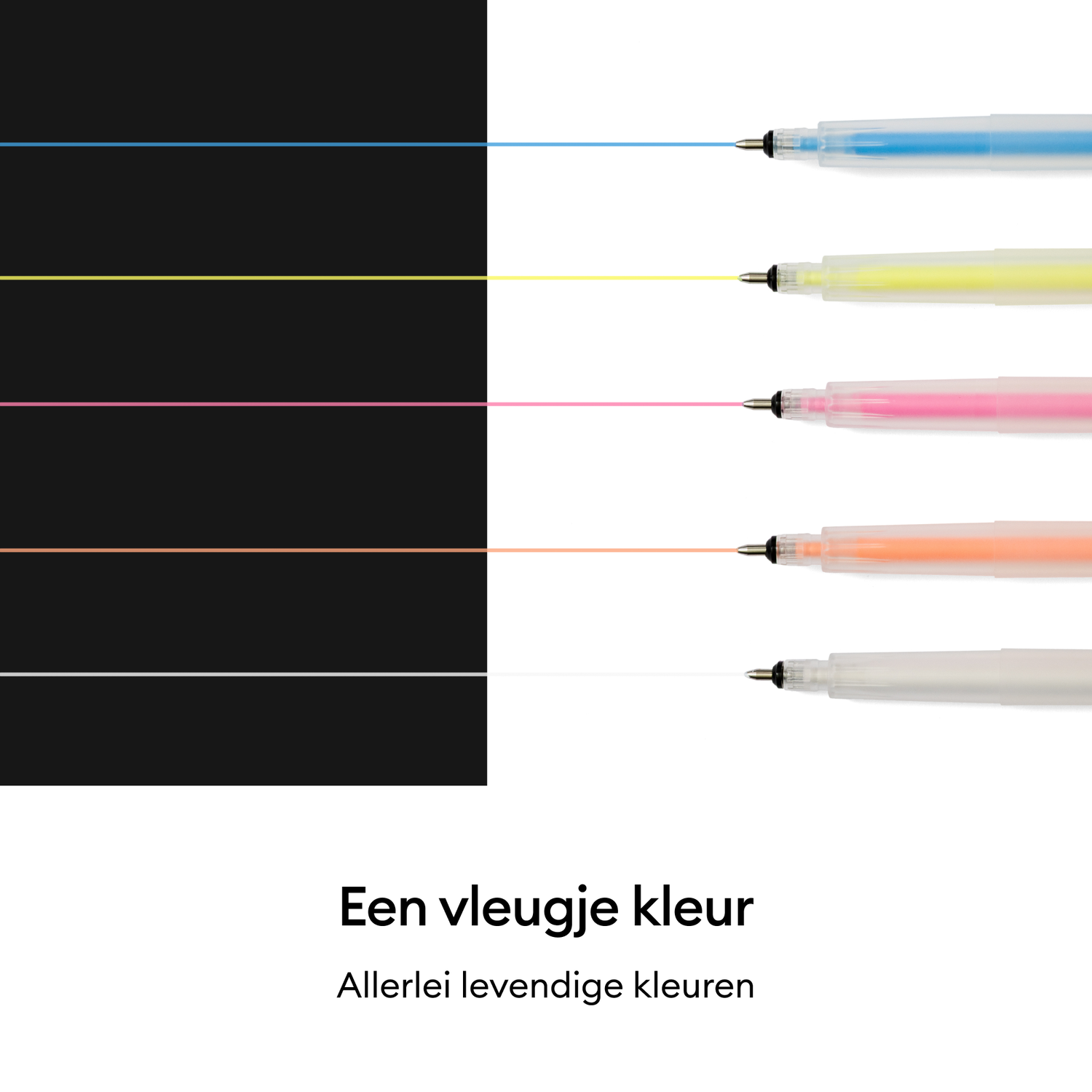 Pens with colorful ink lines are shown. Blue, yellow, pink, orange, and white lines are drawn from the pens on white background.