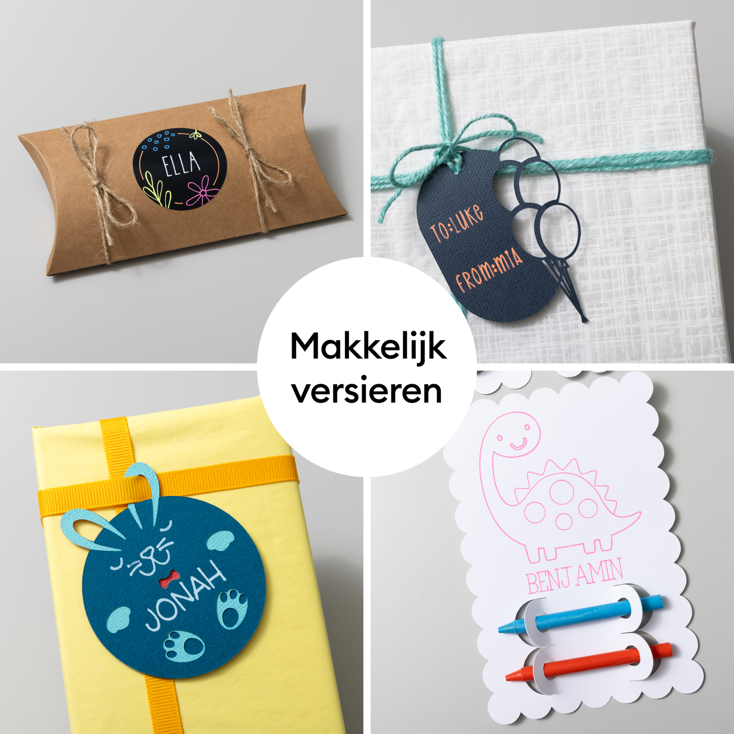 Four gift-wrapped presents, each with a unique tag. The tags feature names and designs: Ella, Luke, Jonah, and Benjamin, each with its own style.