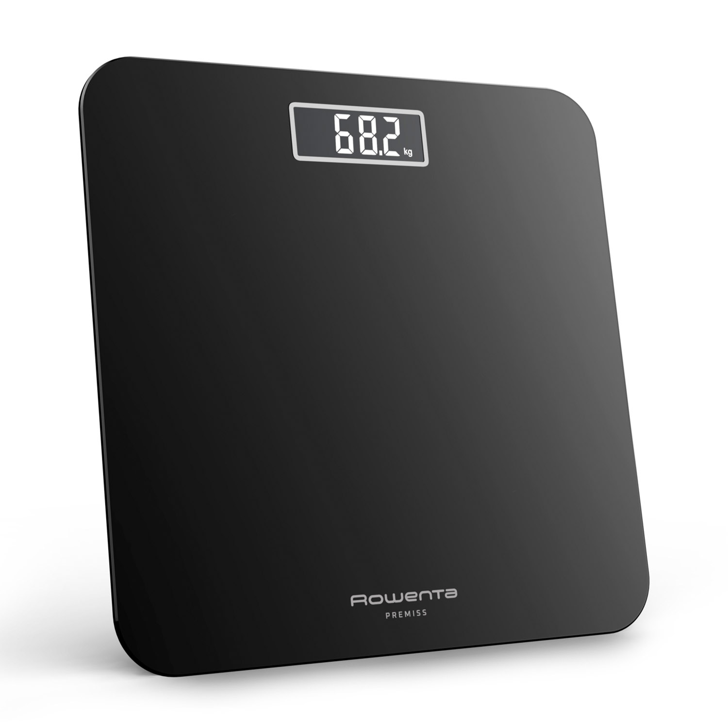 Bilancia da bagno digitale nera con il numero 68,2 kg. Visibile il marchio Rowenta e Premiss.