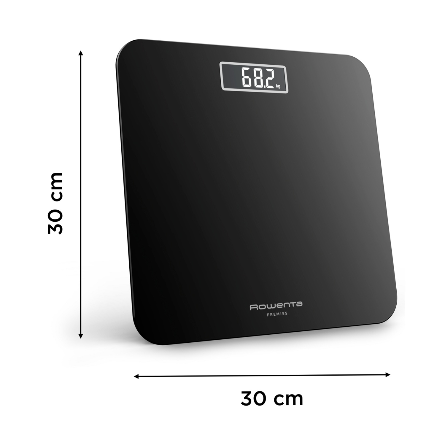 Bilancia da bagno digitale nera con 68,2 kg. Con logo Rowenta Premiss, dimensioni 30 cm x 30 cm.