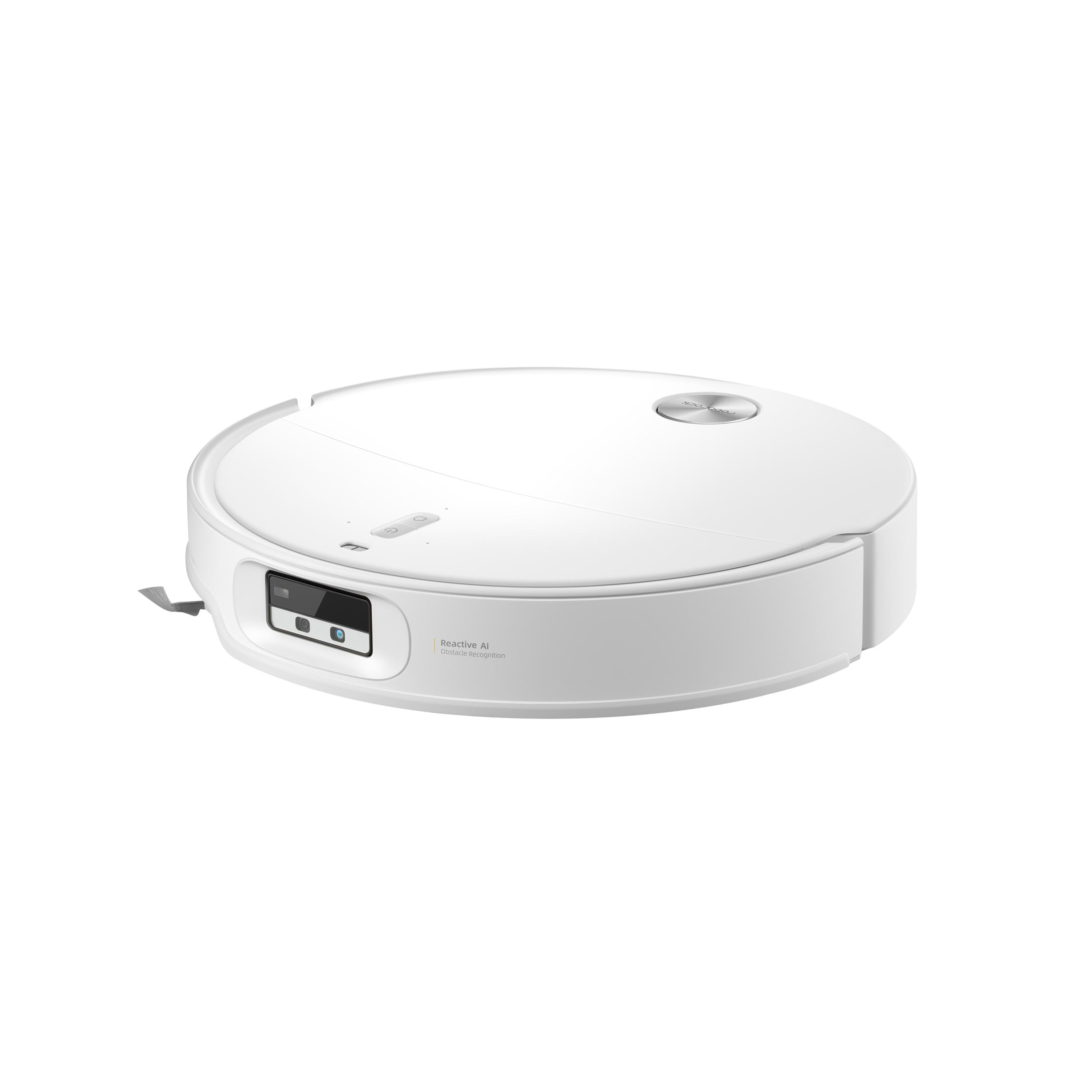 Ein weißer Roboter-Staubsauger mit runder Form. Hat Sensoren und Knöpfe. Der Text auf dem Gerät lautet 'Reactive AI'.