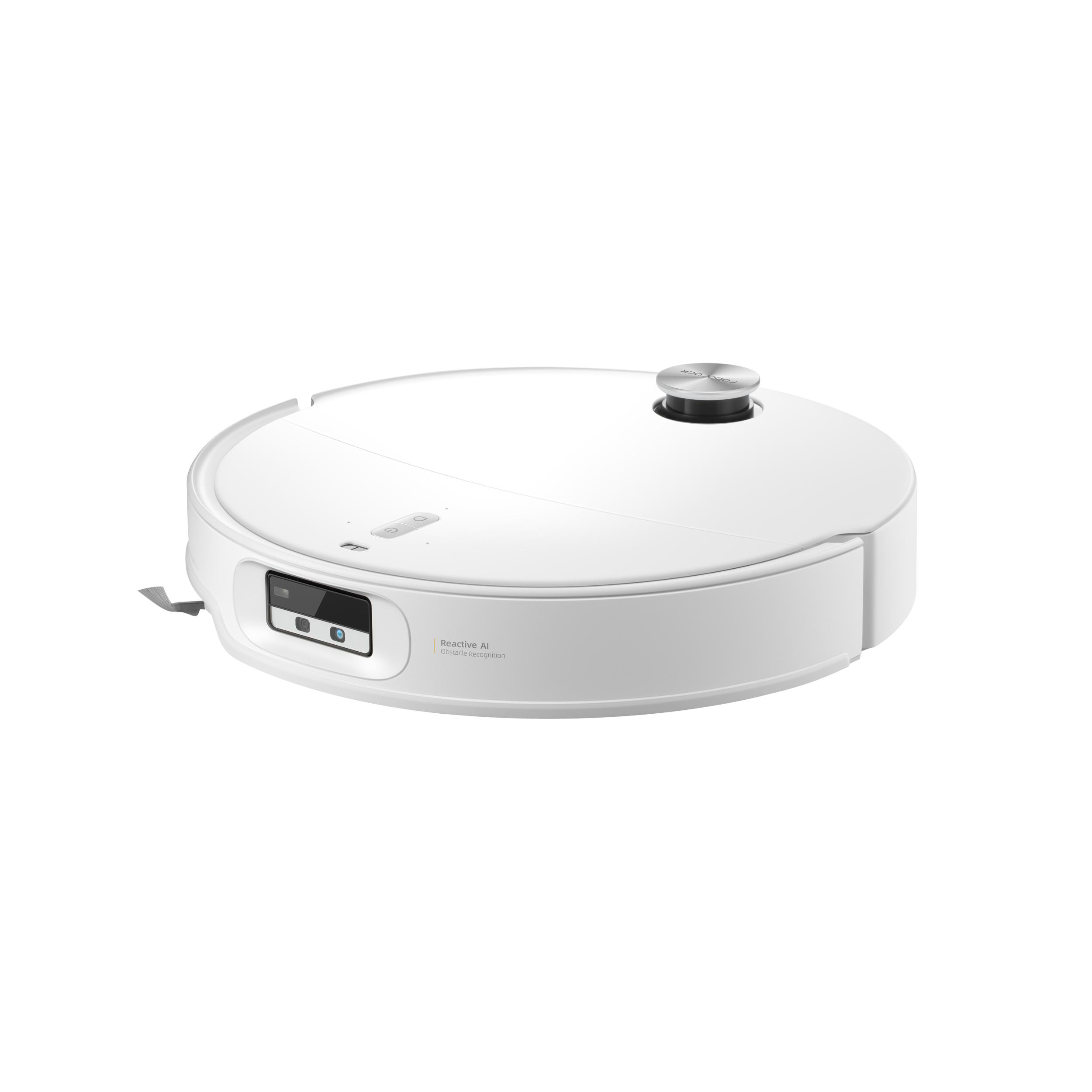 Weißer Roboter-Staubsauger mit silberner Oberseite. Er hat Knöpfe und eine kleine Bürste an der Seite.