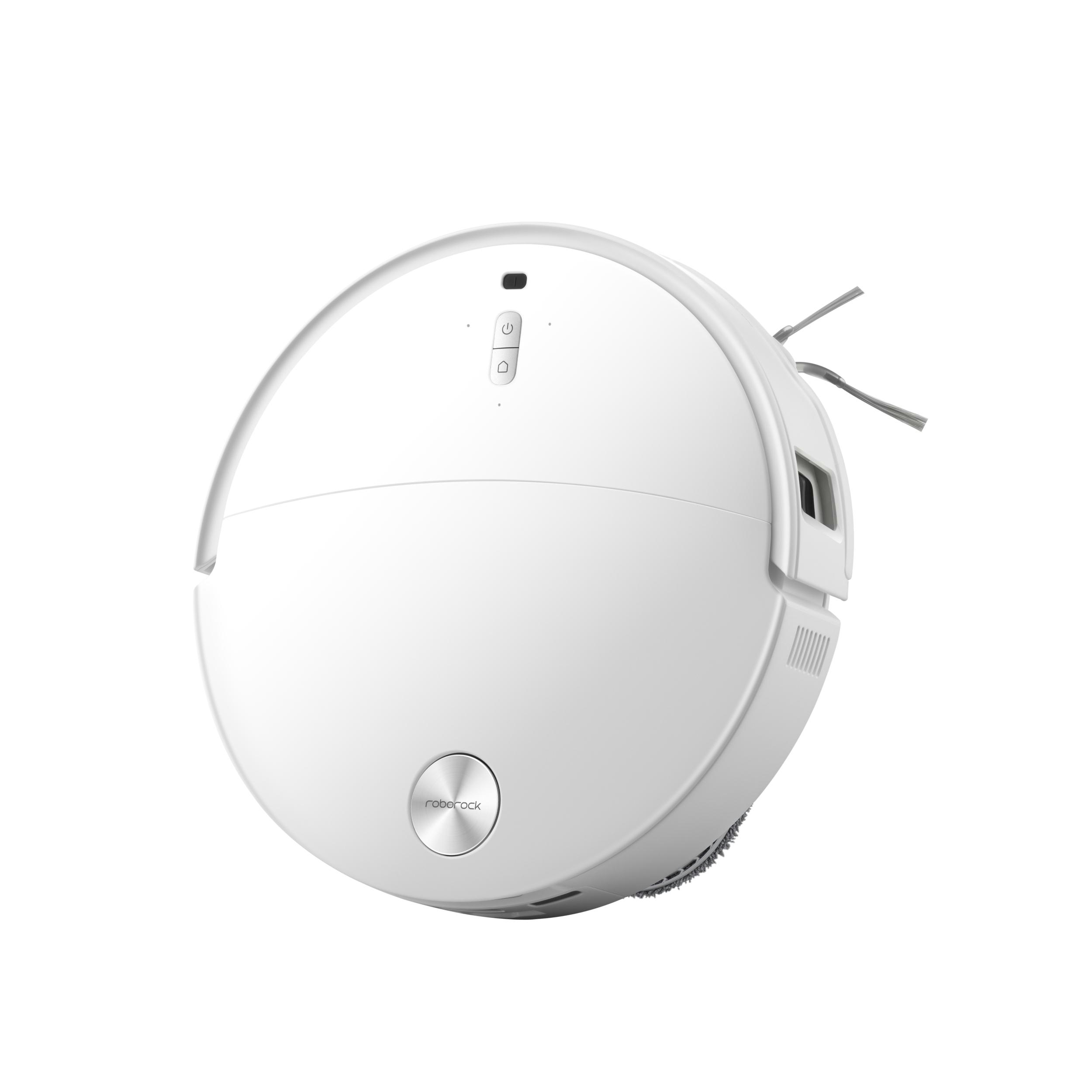 Ein weißer Roboter-Staubsauger mit rundem Design, Ein-/Aus-Taste und dem Roborock-Logo.