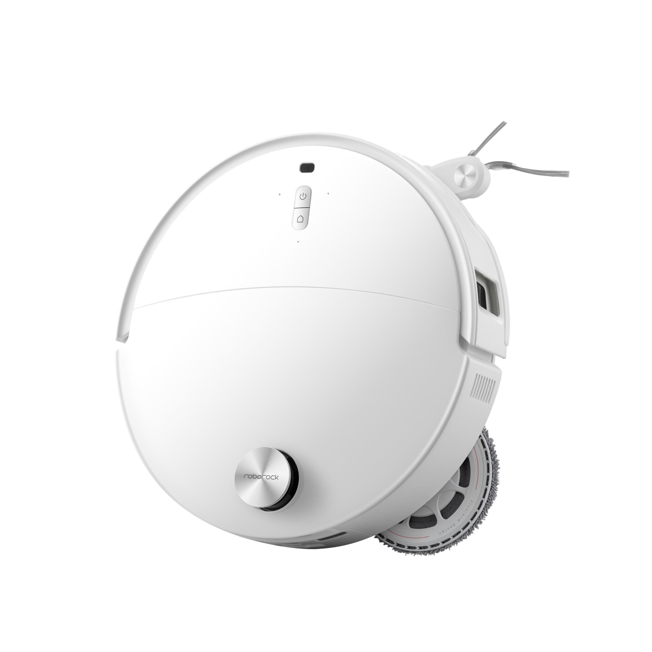 Ein weißer Roborock-Roboter-Staubsauger. Er hat ein rundes Design mit einem silbernen Knopf und zwei grauen Bürsten.