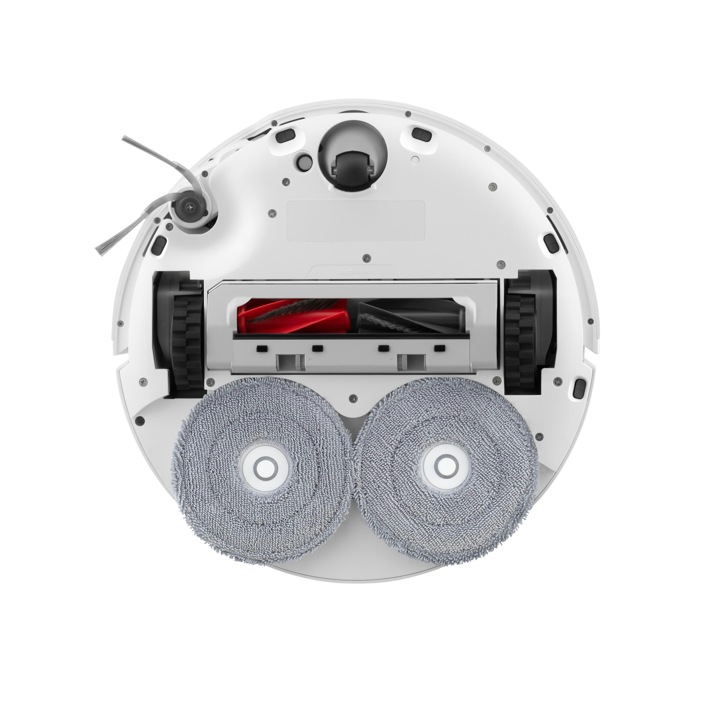 Unteransicht des Roboter-Staubsaugers. Weißes Gehäuse mit grauen Wischpads, schwarzen Rädern und roter Bürste.