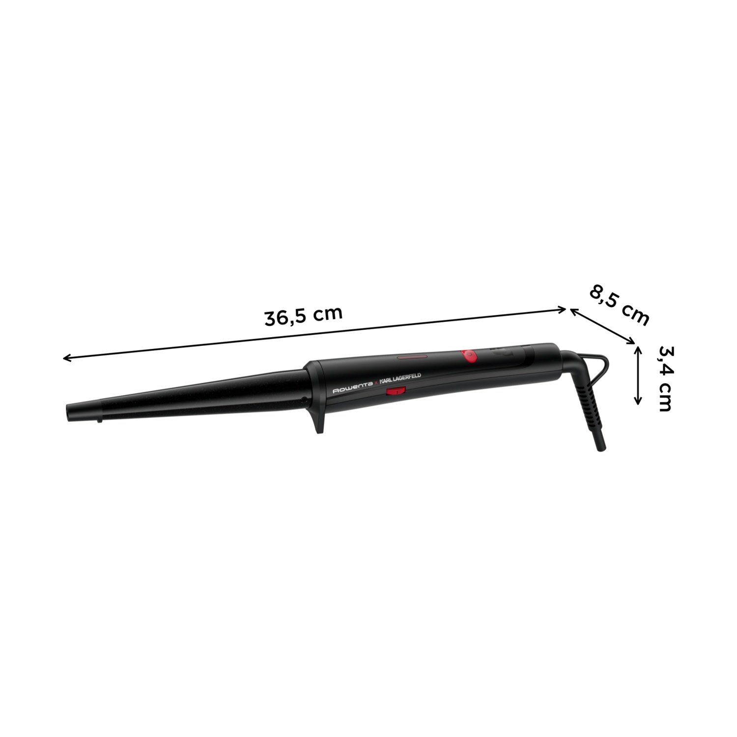 Arricciacapelli nero e rosso, lungo 36,5 cm, largo 8,5 cm e alto 3,4 cm, su sfondo bianco. Il marchio è Rowenta Karl Lagerfeld.