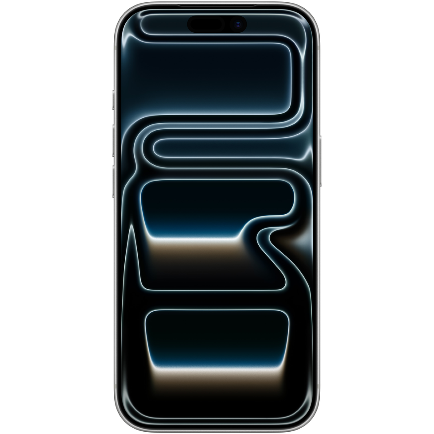 Een smartphone met een zwart scherm waarop een neonachtig patroon van onderling verbonden lijnen wordt weergegeven. De telefoon heeft een zilveren frame en een camera.