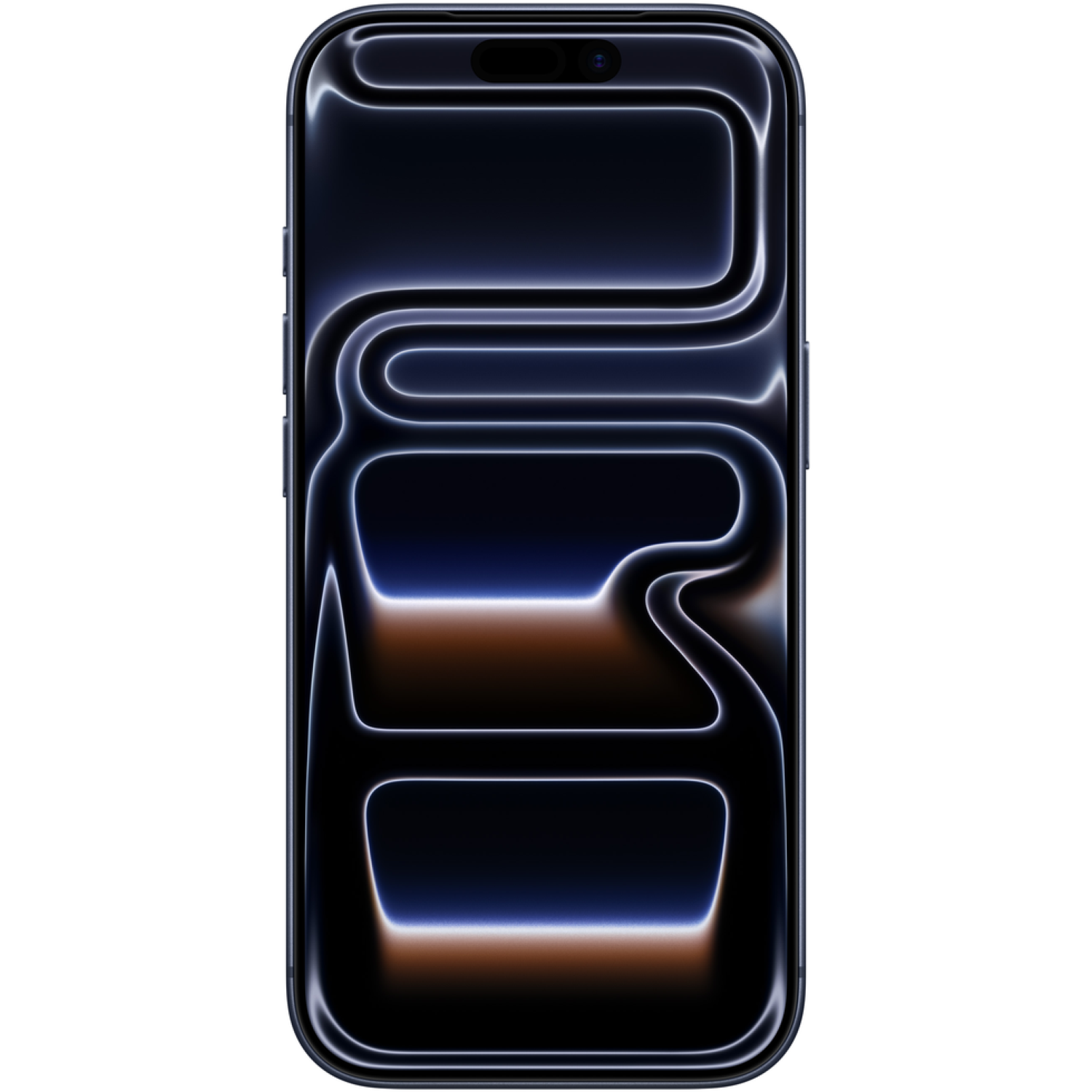 Een smartphone met een gloeiend abstract ontwerp in zwart en blauw op het scherm. Het heeft een glanzend donker frame. De achtergrond is wit.