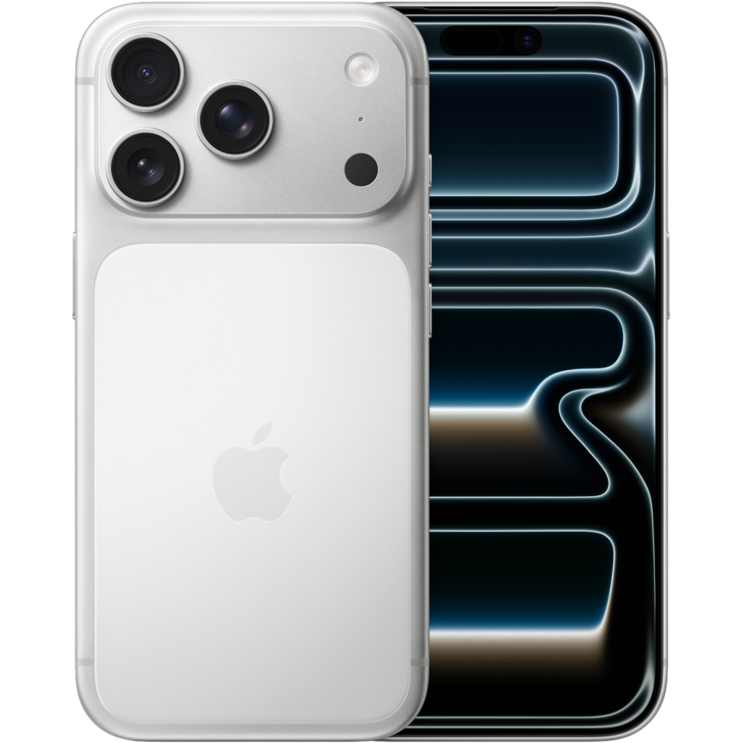 Een witte smartphone met drie camera's aan de achterkant en een scherm met een gloeiend blauw en zwart ontwerp. Een Apple-logo is zichtbaar.
