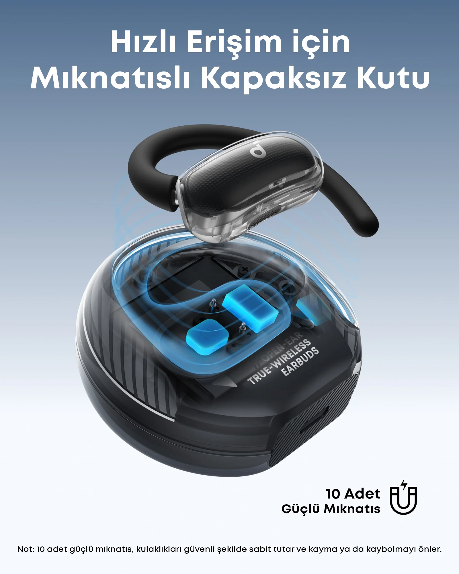 Görüntü, kablosuz kulaklıkları ve bir şarj kutusunu gösteriyor. Kutuda mavi vurgular var ve metin 'True Wireless Earbuds' diyor.