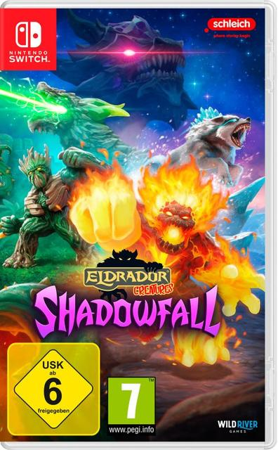 Spielcover mit Fantasiewesen. Ein grünes Waldwesen, ein Feuermonster und ein Wolf kämpfen. Titel: Eldrador Creatures Shadowfall.
