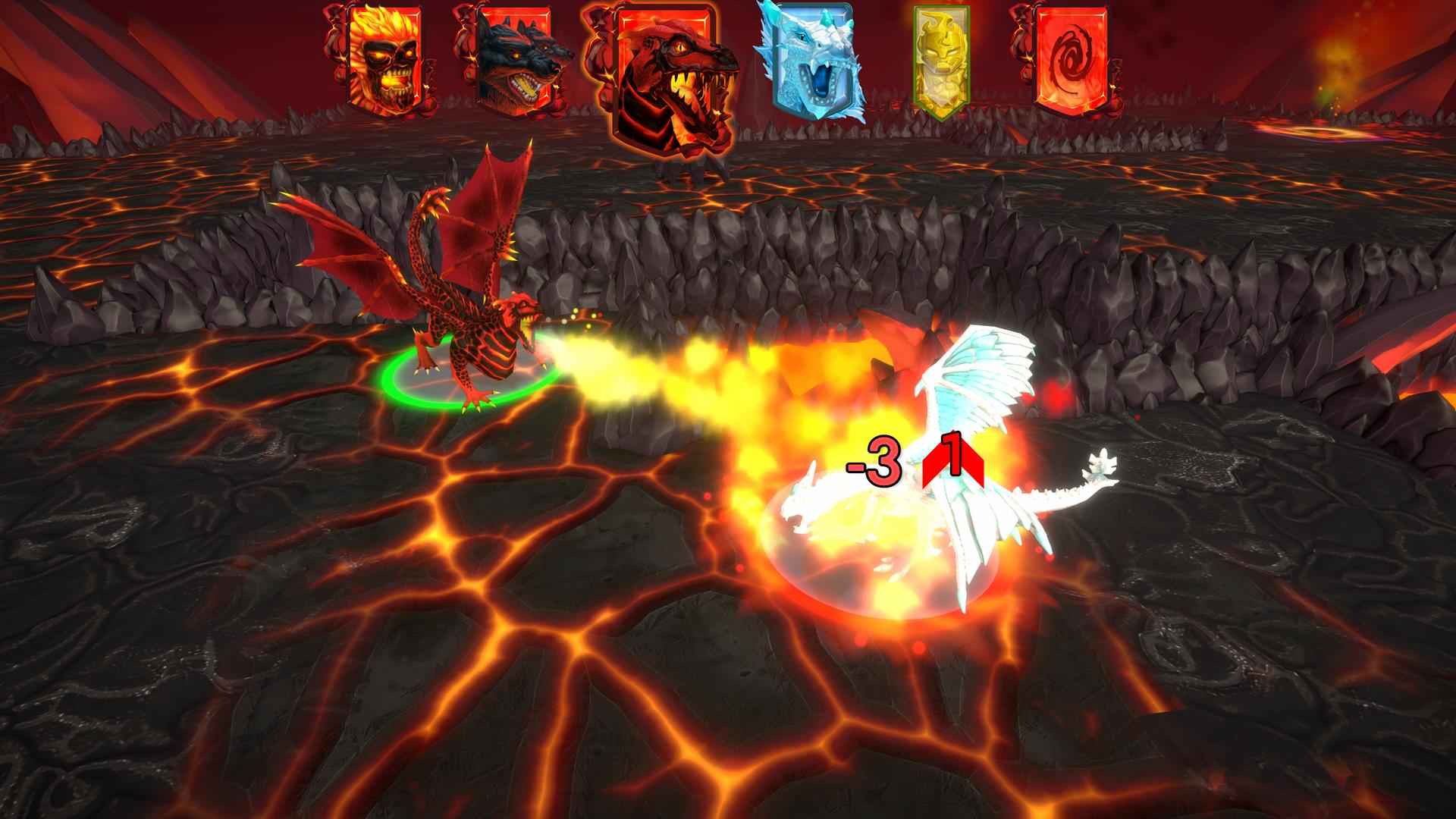Ein roter Drache speit Feuer auf einen weißen Drachen in einer lavaüberfluteten Arena. Oben sind mehrere Drachenwappen.