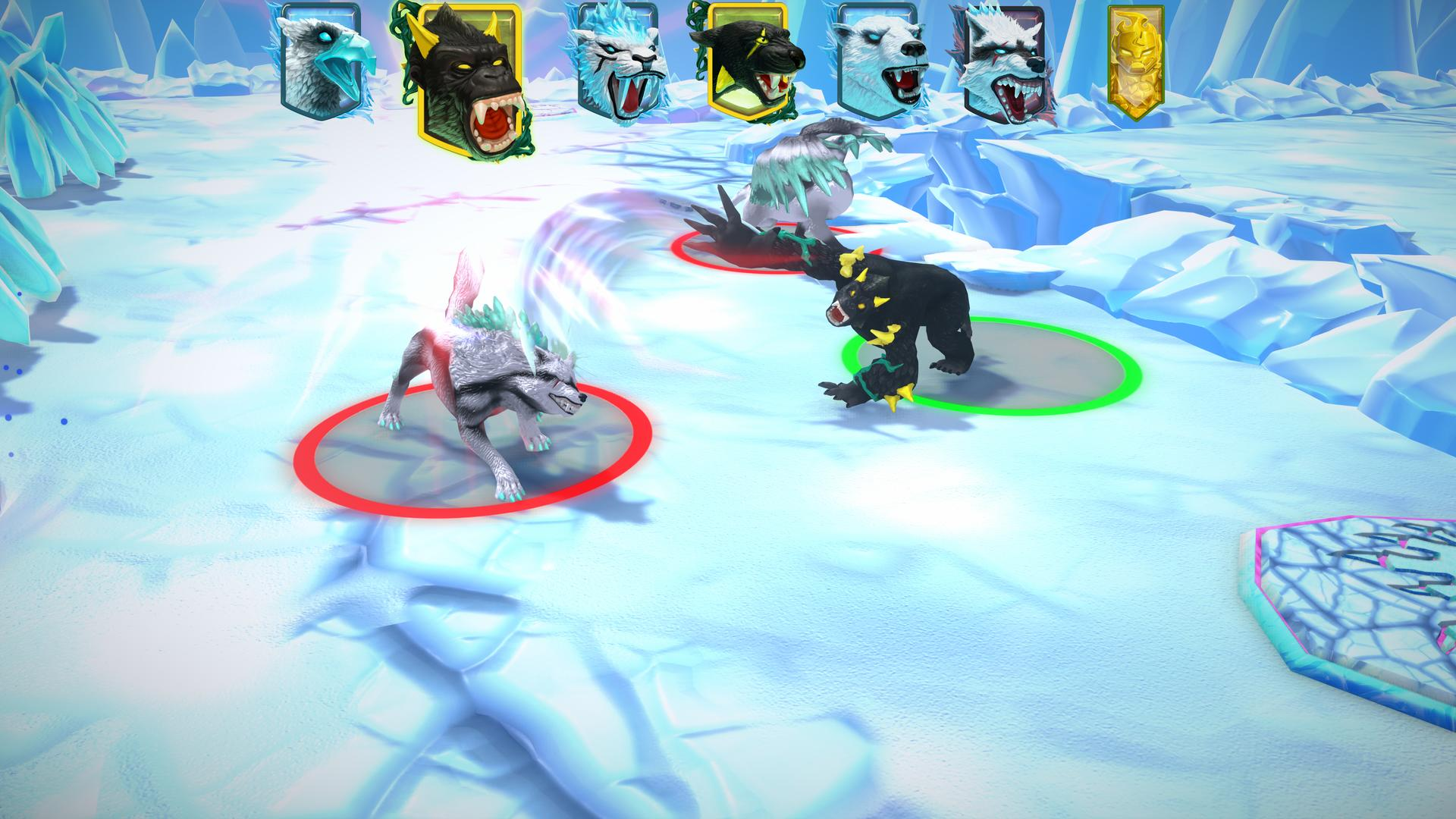 Eine arktische Szene mit Fantasiewesen. Ein Wolf und ein Bär stehen sich gegenüber, umgeben von Energie. Mehrere Kreaturen-Icons befinden sich oben.