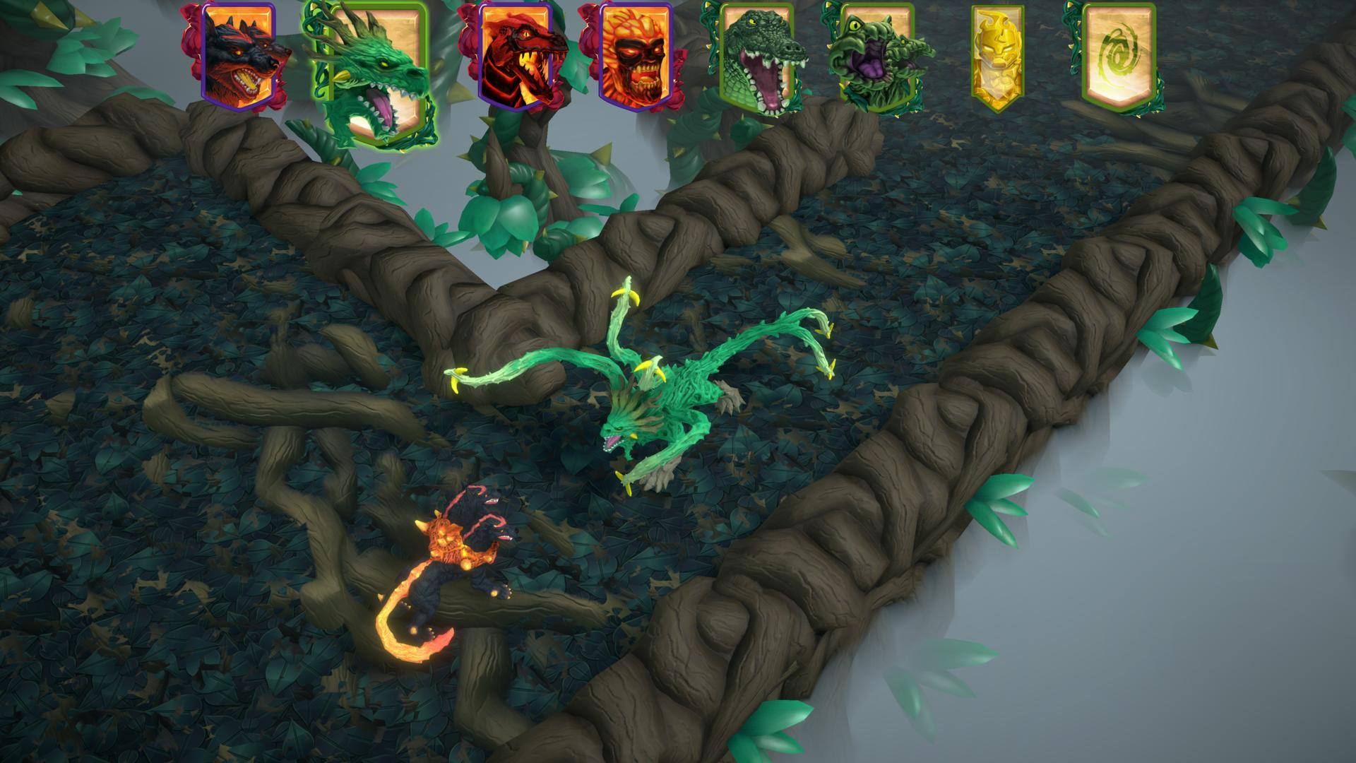 Eine Draufsicht zeigt eine Fantasieszene mit stilisierten Drachen, Bannern und einer mystischen Waldkulisse.