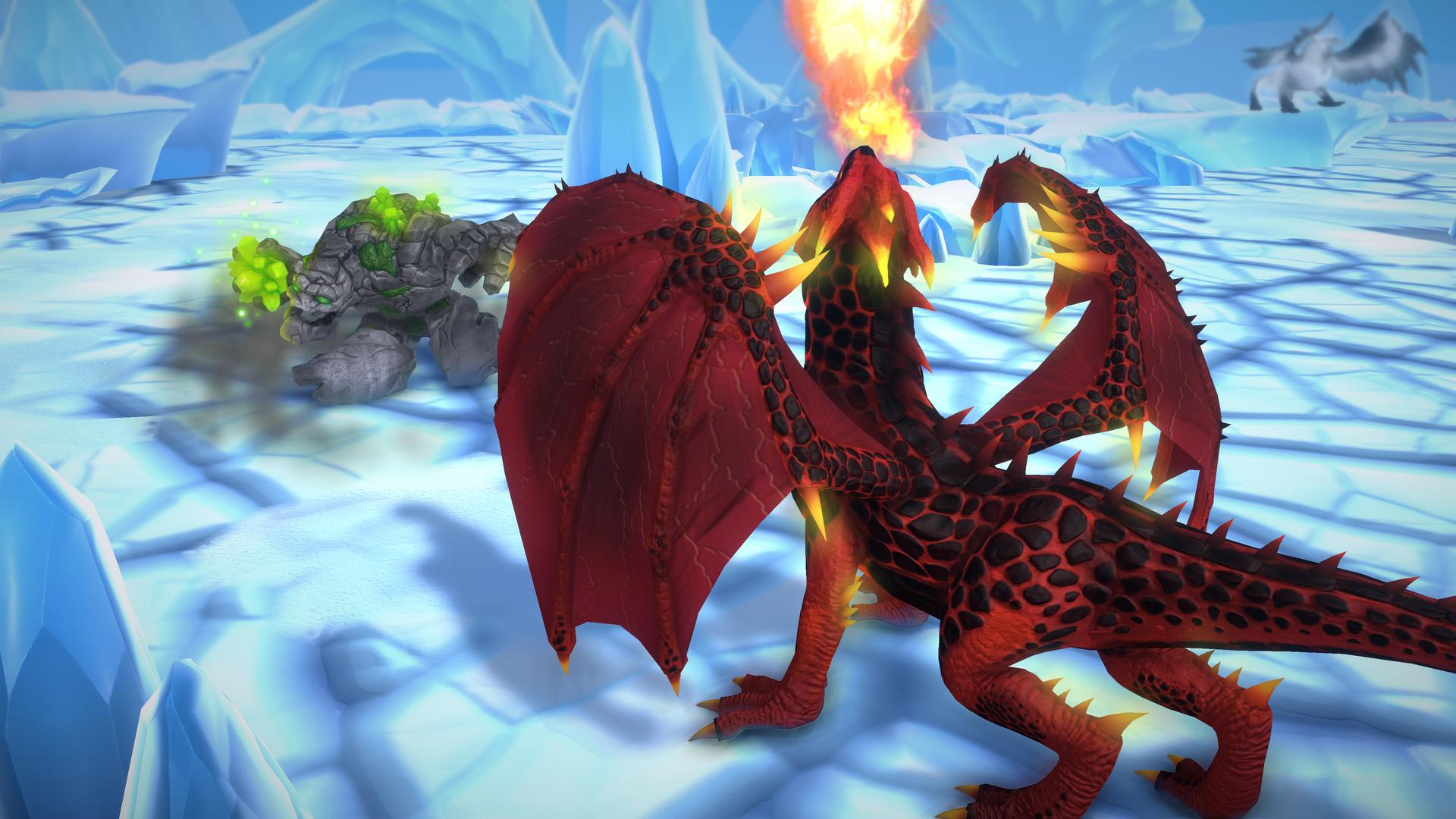 Ein roter Drache, der Feuer speit, steht einem Steingolem in einer verschneiten, eisigen Landschaft gegenüber. Im Hintergrund sind zwei weiße Kreaturen.