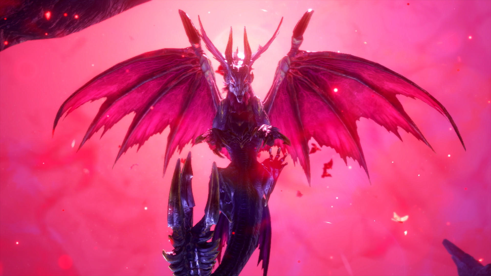 Ein Drache mit großen Flügeln in rosa Umgebung. Der Drache ist dunkel und hat Hörner. Die Flügel sind hellrosa.