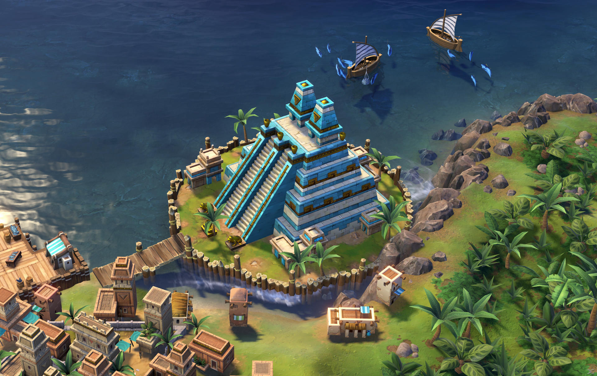 Eine blaue Pyramide erhebt sich aus dem Wasser. Boote segeln in der Nähe. Palmen und Gebäude umgeben sie.