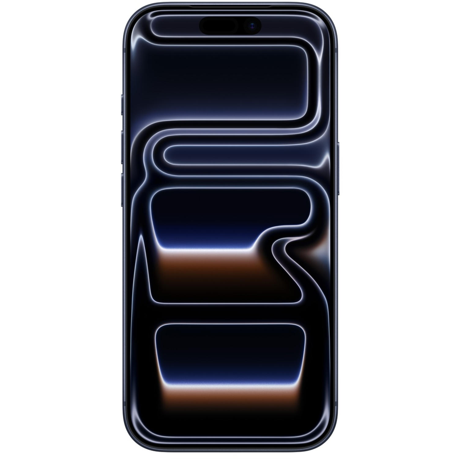 A smartphone with a dark screen displaying white, curved, abstract lines. The phone is black, and the background is white.