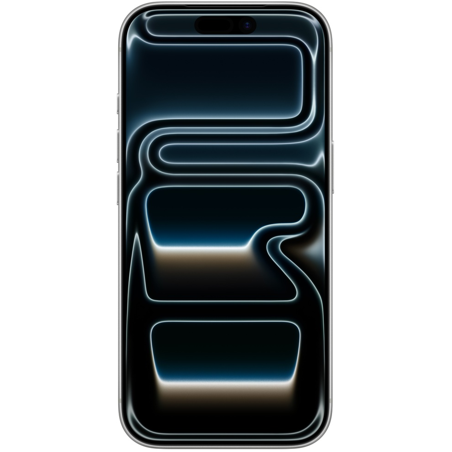 Un smartphone avec un écran noir affiche un design abstrait illuminé en blanc et bleu. Le téléphone a un cadre argenté et une encoche en haut.