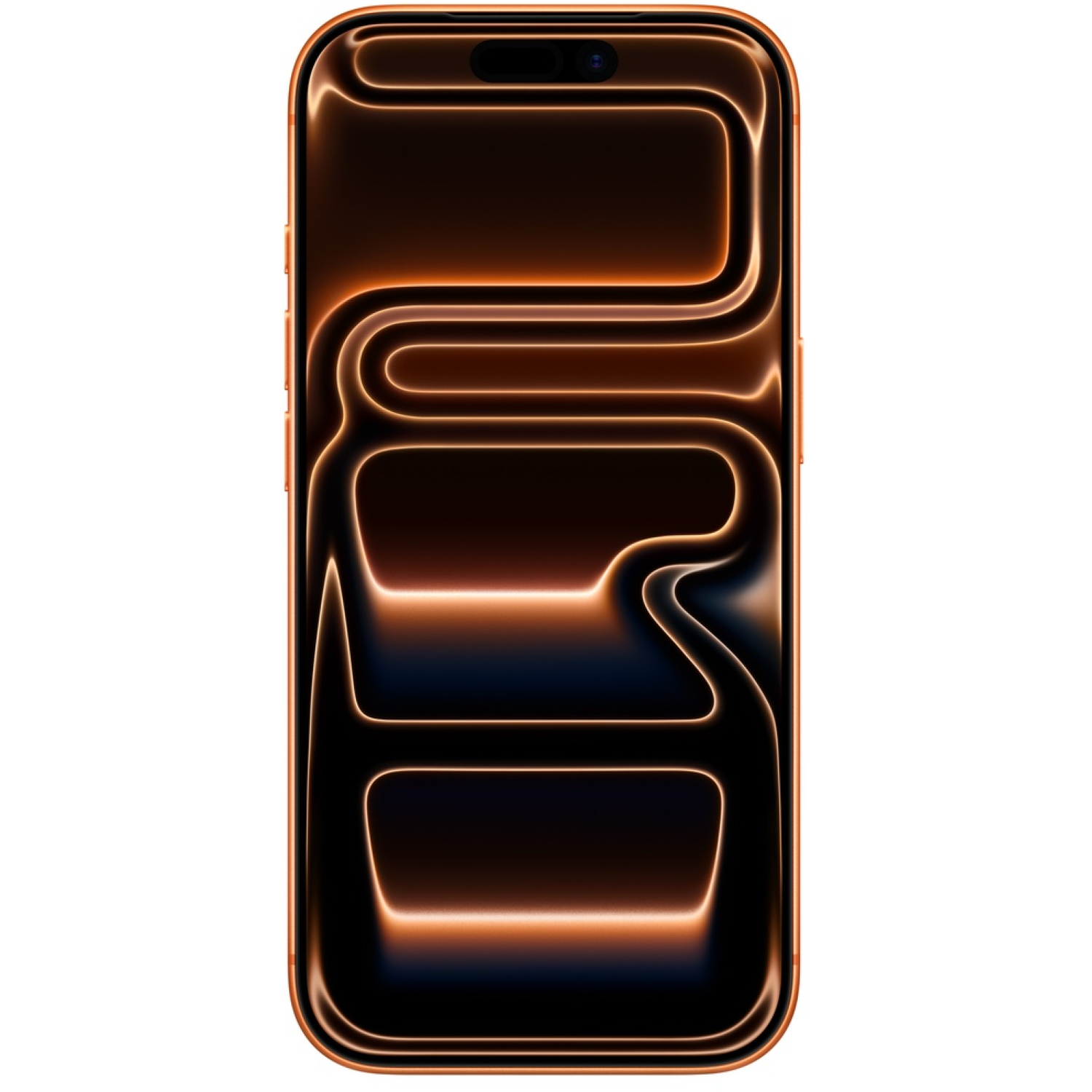 An orange phone with a black and orange glowing design on the screen, set against a white background.