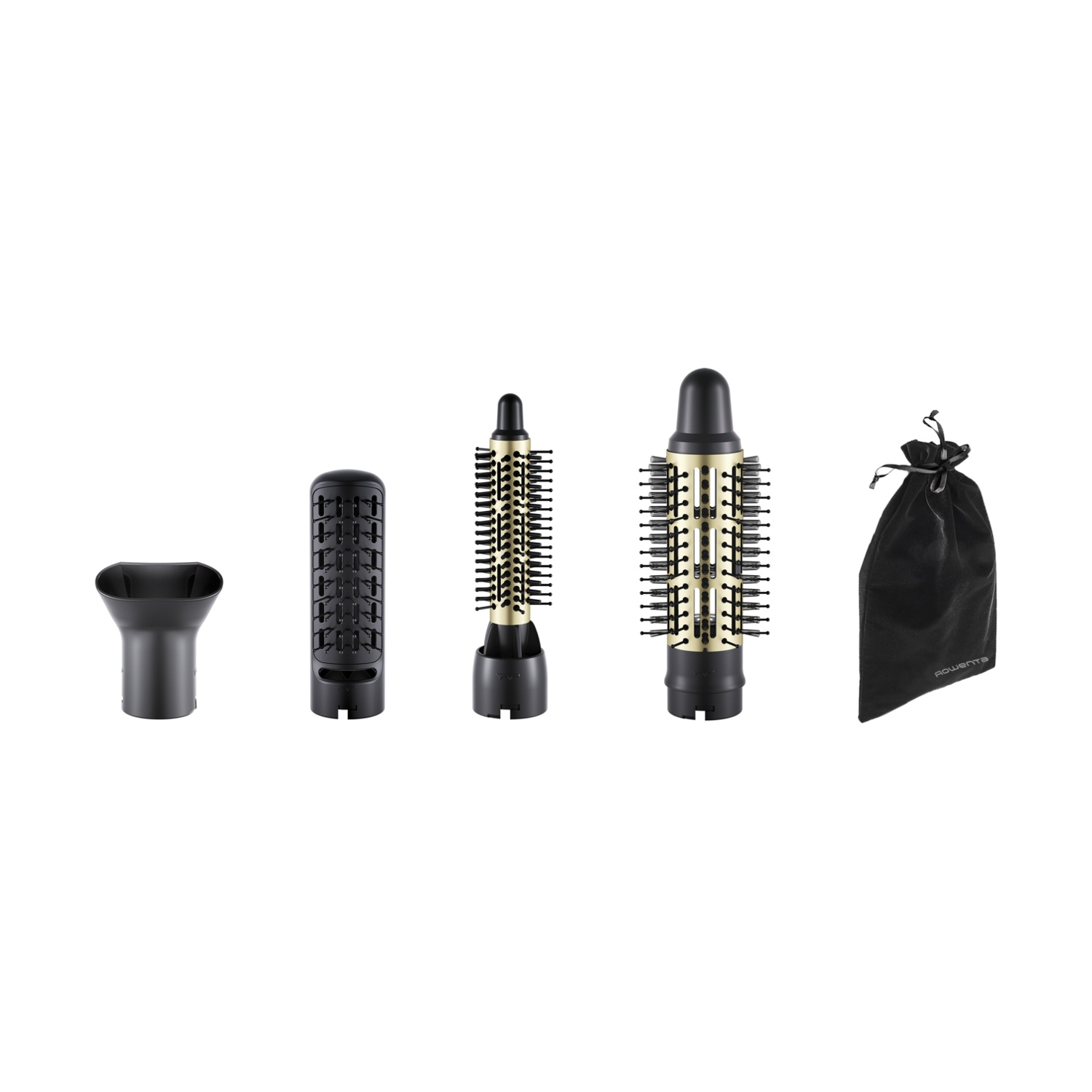 Un assortimento di strumenti neri per lo styling dei capelli, inclusi accessori e una custodia, su sfondo bianco.