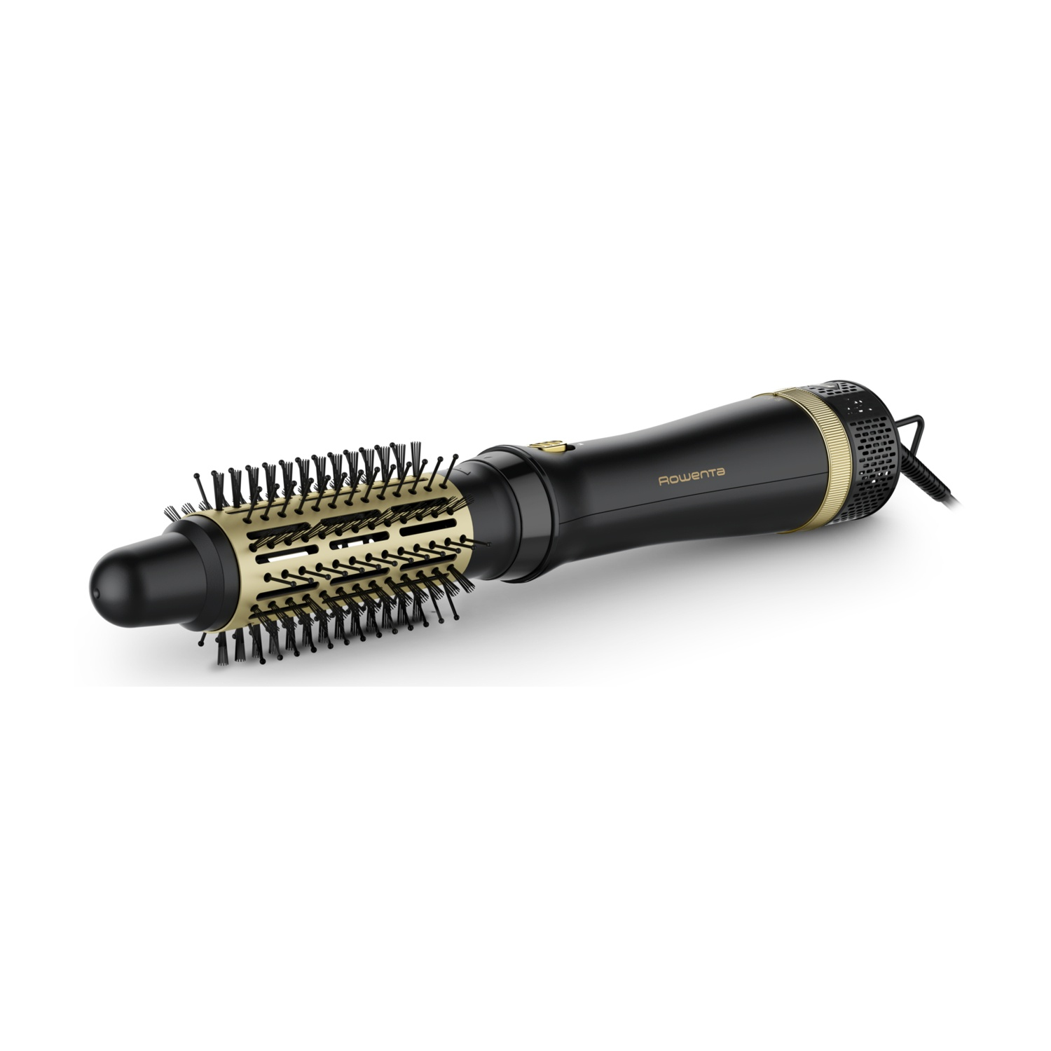 Una spazzola per capelli nera e oro con una testina cilindrica e un manico nero. Il marchio 'Rowenta' è visibile.