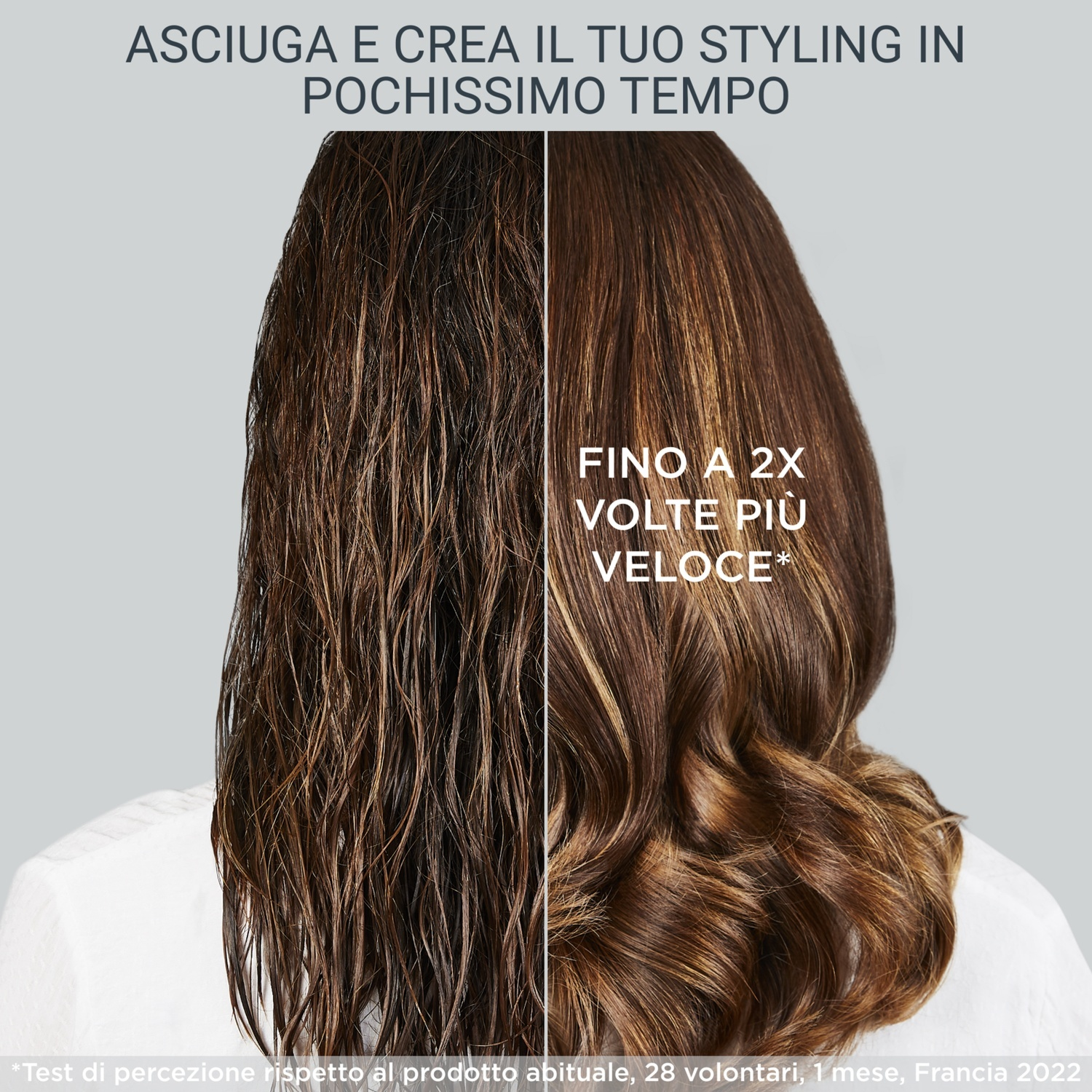 Confronto tra capelli castani bagnati e acconciati. Testo: 'Asciuga e modella in pochissimo tempo' e 'Fino a 2 volte più veloce'.