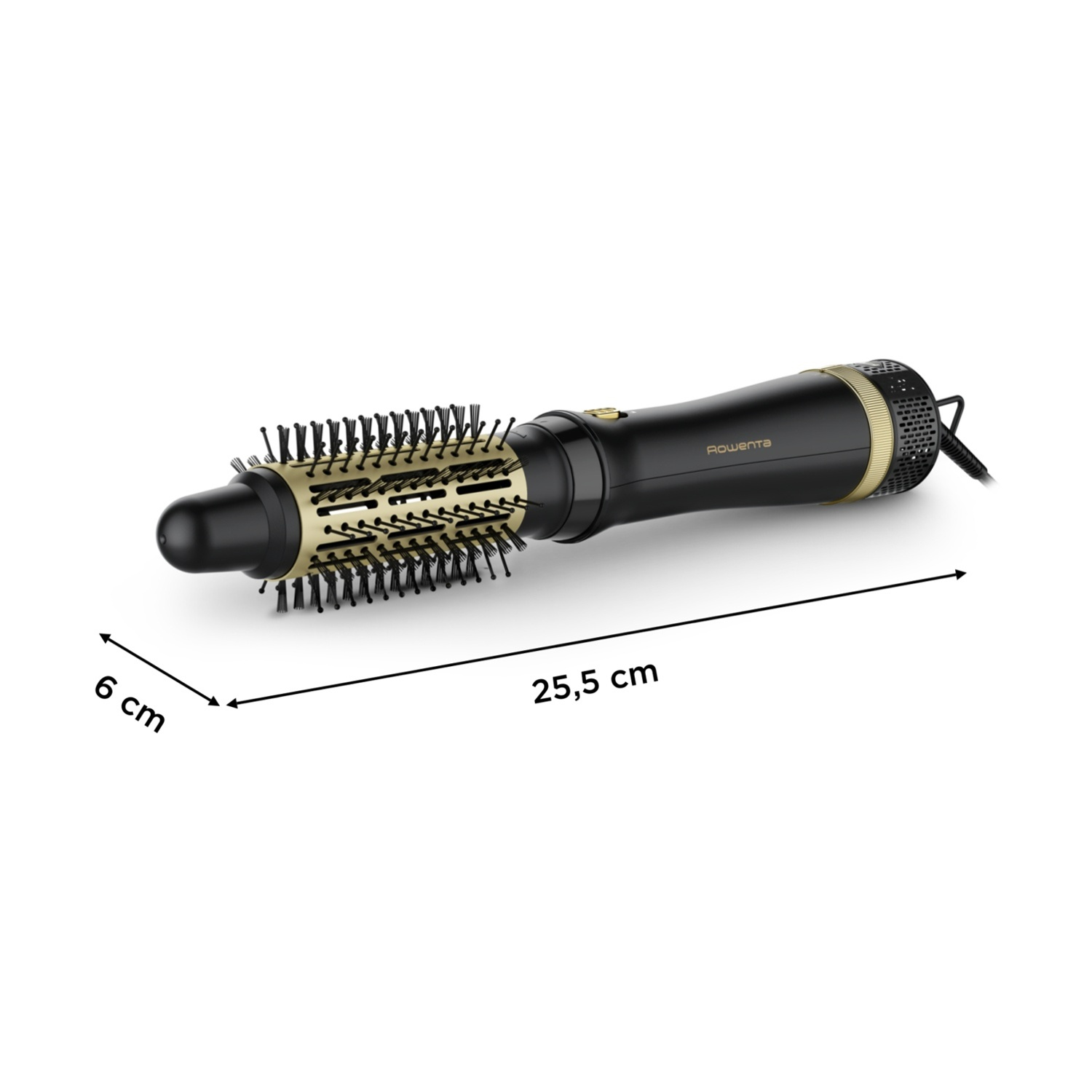 Arricciacapelli Rowenta nero e oro su sfondo bianco. È lungo 25,5 cm e largo 6 cm.