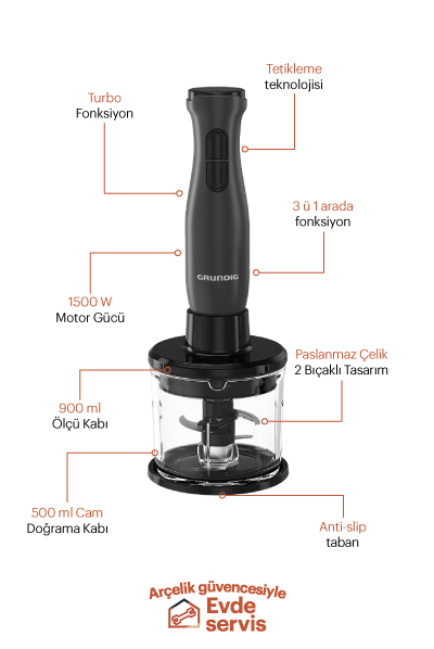 Siyah Grundig el blenderi, cam kase ve paslanmaz çelik bıçaklarla. Turbo, 3'ü 1 arada fonksiyon ve kaydırmaz taban özelliklerine sahiptir.