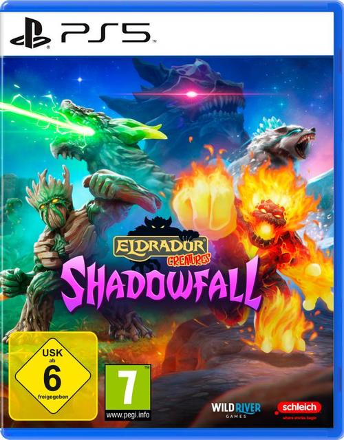 Spielcover mit Fantasiewesen. Ein grüner Drache, ein Wolf und eine Feuerkreatur sind abgebildet, zusammen mit dem Titel "Shadowfall".