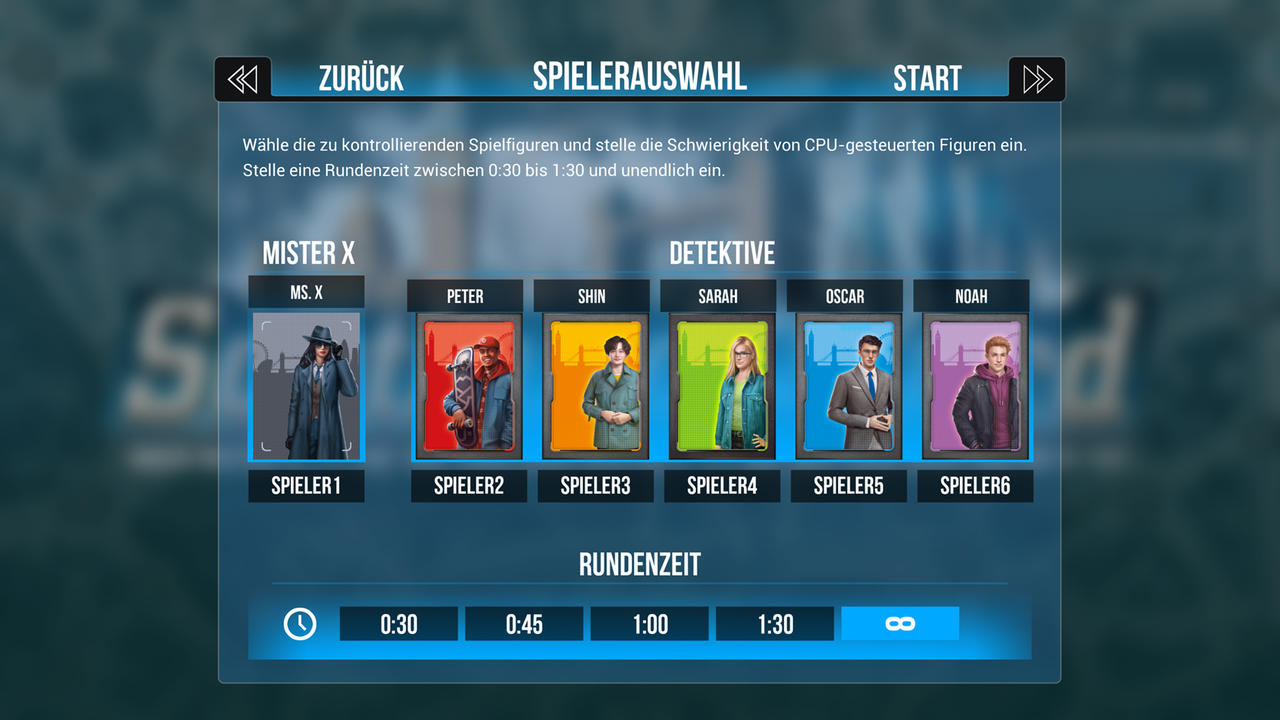Spieloberfläche zur Zeichenauswahl. Sechs Charaktere werden mit Zeitoptionen von 0:30 bis unendlich angezeigt. Text auf Deutsch.