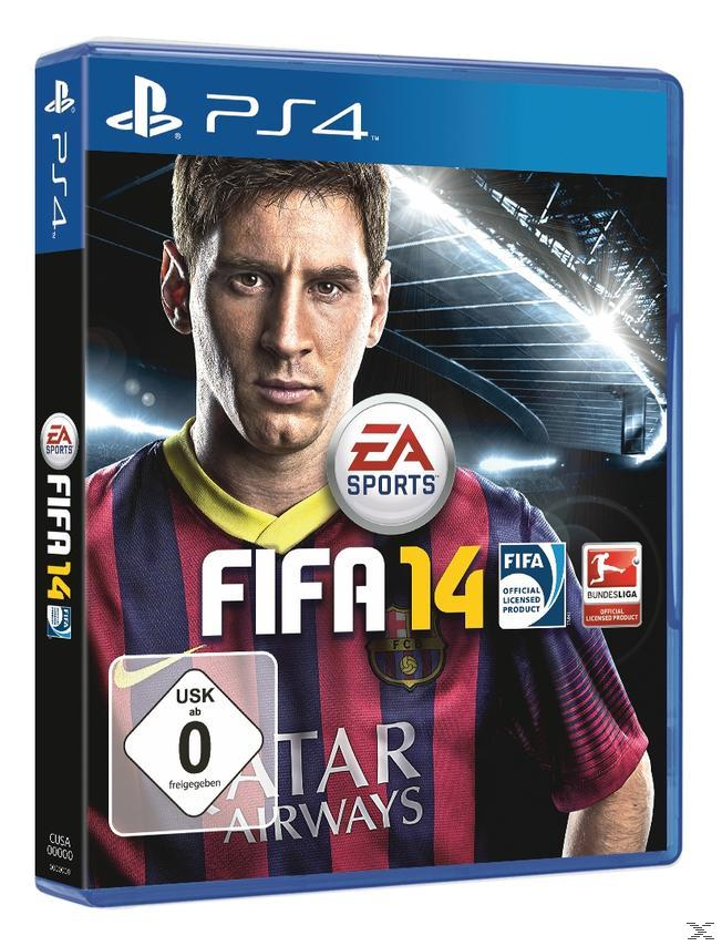 FIFA 14 PS4-Spielhülle. Zeigt Lionel Messi auf dem Cover. Enthält Logos für EA Sports, FIFA und Bundesliga. Der Hintergrund zeigt ein Stadion.
