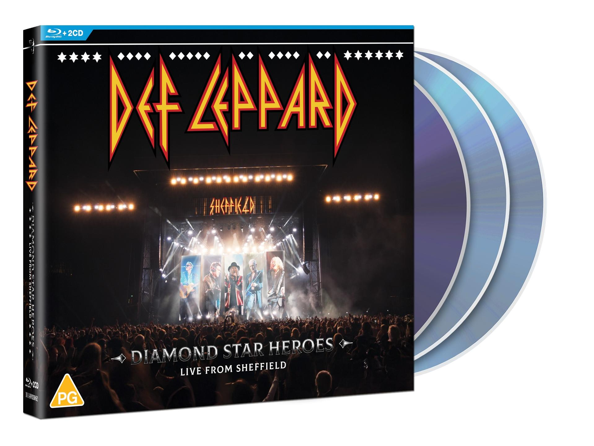 Def Leppard Albumcover. Konzertszene mit Band auf der Bühne, Publikum davor. Albumtitel 'Diamond Star Heroes Live from Sheffield'.