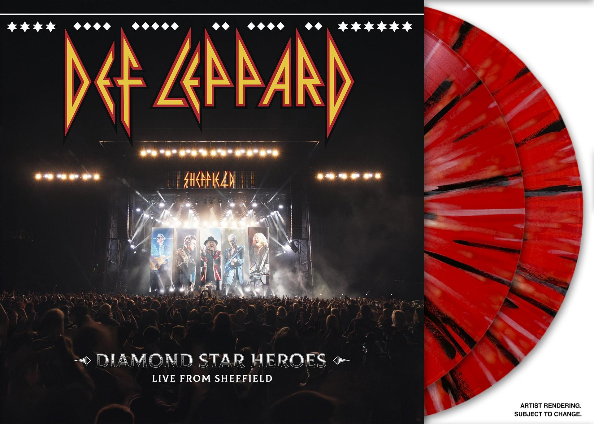 Def Leppard Live-Konzert. Band auf der Bühne mit Fans. Albumcover mit roter und schwarzer Schallplatte rechts. Diamond Star Heroes.