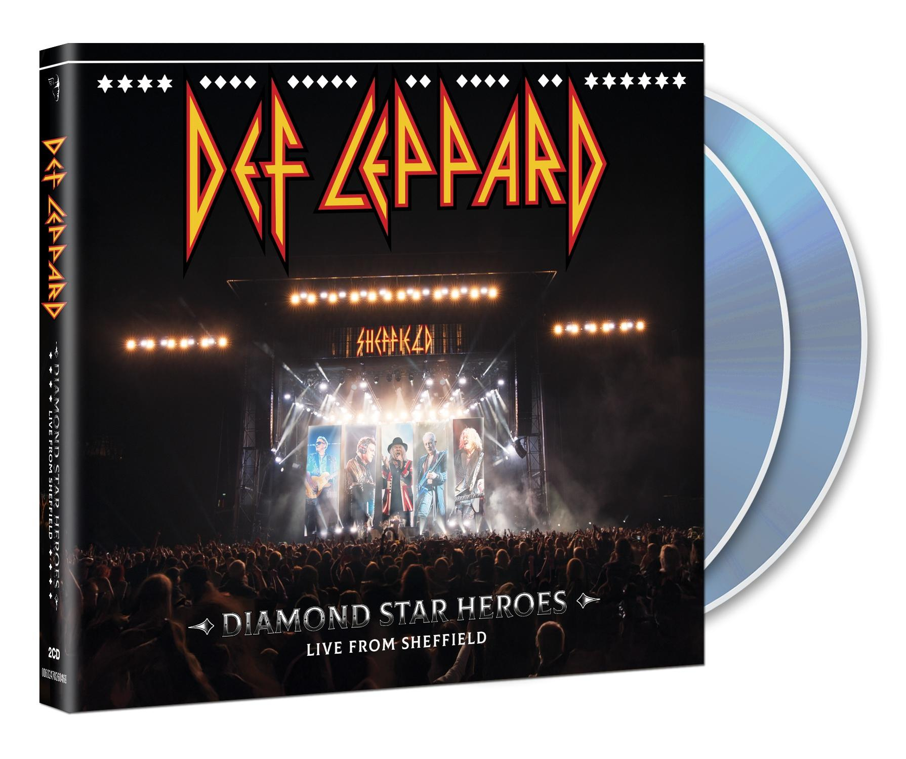 CD-Hülle des Def Leppard-Konzerts. Band auf der Bühne, Publikum darunter. Titel: Diamond Star Heroes Live From Sheffield.